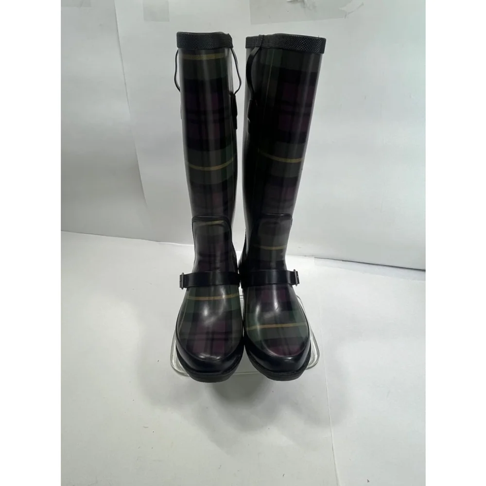 L.L.Bean Women's Green and Purple Plaid Rain Tall Boots Size‎ 7 Wellies Rubber